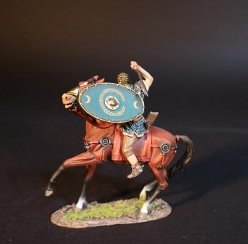 Image of Roman Auxiliary Cavalryman with Green Shield, Roman Auxiliary Cavalry, Armies and Enemies of Ancient Rome--single mounted figure turned right, sword raised behind head