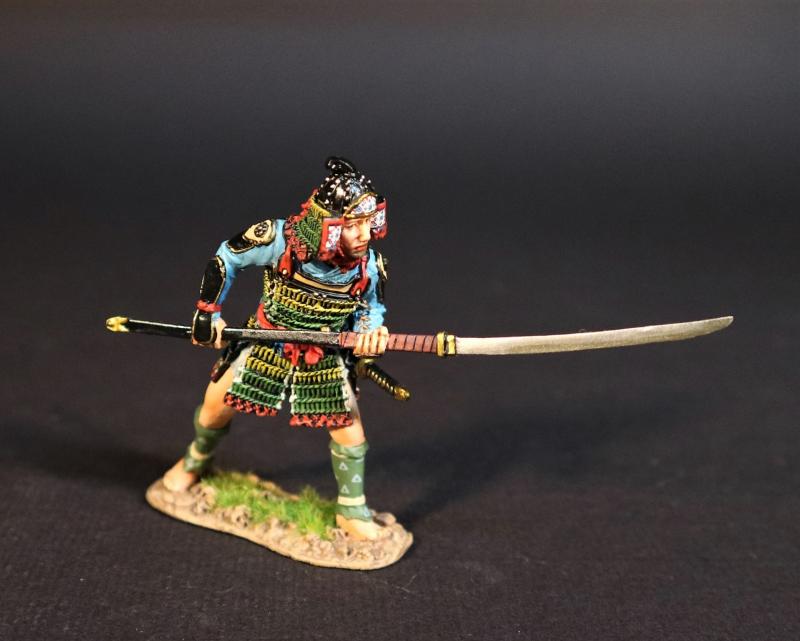 Samurai Retainer (green and black armor & helmet, light blue tunic, naganata pointed forward), Minamoto Clan, The Gempei War, 1180-1185--single figure #1