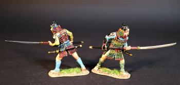 Image of Two Samurai Retainers (armor & helmet, naganata pointed forward), Minamoto Clan, The Gempei War, 1180-1185--two figures Image of Two Samurai Retainers (armor & helmet, naganata pointed forward), Minamoto Clan, The Gempei War, 1180-1185--two figures