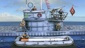 Image of U96 Type IIV UBoat Conning Tower with Base A--Tonnage Sunk Pennant, Periscopes, & Radar Antennae, 20mm gun, Flag and Submarine base Image of U96 Type IIV UBoat Conning Tower with Base A--Tonnage Sunk Pennant, Periscopes, & Radar Antennae, 20mm gun, Flag and Submarine base