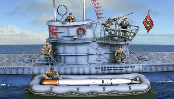 Image of U552 Type IIV UBoat Conning Tower with Base B--Tonnage Sunk Pennant, Periscopes, & Radar Antennae, 20mm gun, Flag and Submarine base Image of U552 Type IIV UBoat Conning Tower with Base B--Tonnage Sunk Pennant, Periscopes, & Radar Antennae, 20mm gun, Flag and Submarine base
