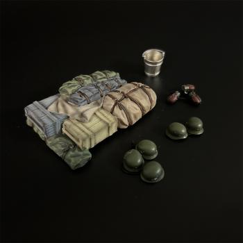 Image of Panzer III Stock Set B--stowage (including large blue crate), helmets, kettles, water bucket Image of Panzer III Stock Set B--stowage (including large blue crate), helmets, kettles, water bucket