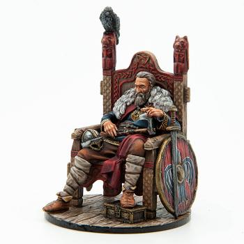 Image of Viking Earl on Throne--single seated figure stroking axe, raven on throne back