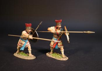 Image of Two Lycian Warriors (round shield, thrusting spear, spear readied for straight thrust), The Lycians, Troy and Her Allies, The Trojan War--two figures Image of Two Lycian Warriors (round shield, thrusting spear, spear readied for straight thrust), The Lycians, Troy and Her Allies, The Trojan War--two figures