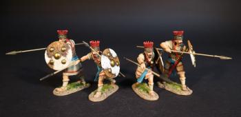 Image of Four Lycian Warriors (round shield, 2 thrusting spears, 2 spear readied for straight thrusts), The Lycians, Troy and Her Allies, The Trojan War--four figures Image of Four Lycian Warriors (round shield, 2 thrusting spears, 2 spear readied for straight thrusts), The Lycians, Troy and Her Allies, The Trojan War--four figures