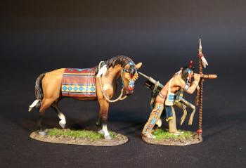 Image of Crow Warrior Scout with Telescope, The Crow, The Fur Trade--single standing figure with tripod-mounted scope and standing horse -- RETIRED -- TWO LEFT!! Image of Crow Warrior Scout with Telescope, The Crow, The Fur Trade--single standing figure with tripod-mounted scope and standing horse -- RETIRED -- TWO LEFT!!
