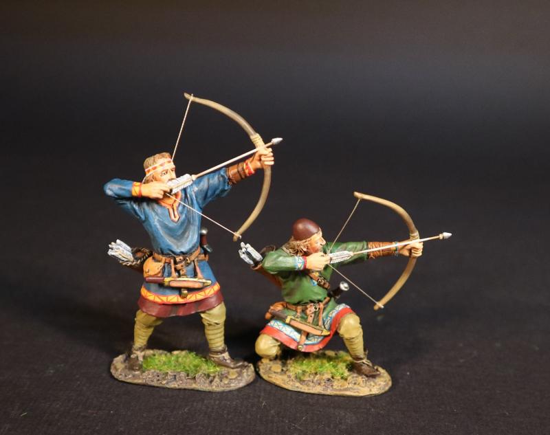 Viking Archers (standing ready to fire in blue tunic, kneeling ready to fire in green tunic), the Vikings, The Age of Arthur--two figures #1
