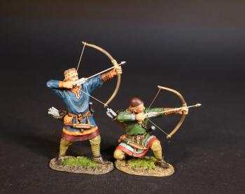 Image of Viking Archers (standing ready to fire in blue tunic, kneeling ready to fire in green tunic), the Vikings, The Age of Arthur--two figures Image of Viking Archers (standing ready to fire in blue tunic, kneeling ready to fire in green tunic), the Vikings, The Age of Arthur--two figures
