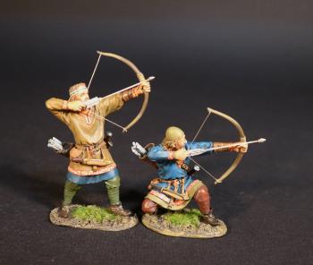 Image of Viking Archers (standing ready to fire in tan tunic, kneeling ready to fire in blue tunic), the Vikings, The Age of Arthur--two figures