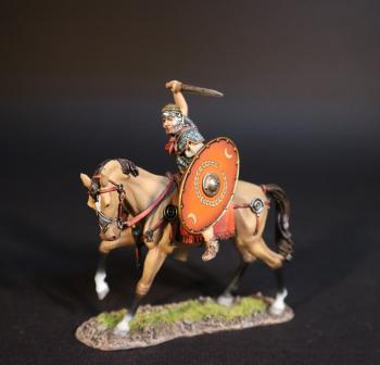 Image of Roman Auxiliary Cavalryman with Red Shield, Roman Auxiliary Cavalry, Armies and Enemies of Ancient Rome--single mounted figure turned right, sword raised to strike