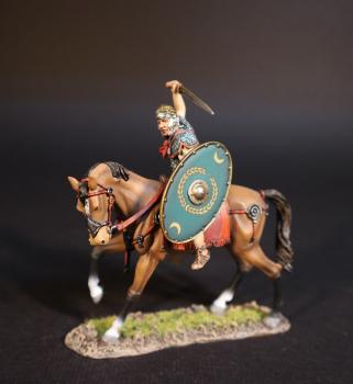Image of Roman Auxiliary Cavalryman with Green Shield, Roman Auxiliary Cavalry, Armies and Enemies of Ancient Rome--single mounted figure turned right, sword raised to strike