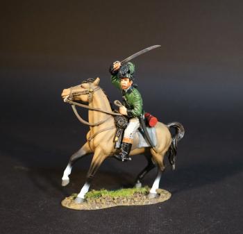 Image of Trooper, Tarleton's Raiders, The British Legion, The Battle of Cowpens, January 17th, 1781, The American War of Independence, 1775–1783--single mounted figure with sword raised to strike