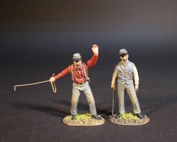 Image of Two Artillery Crewmen, Confederate Artillery, The American Civil War, 1861-1865--two standing figures (waving lanyardman, man with lever)