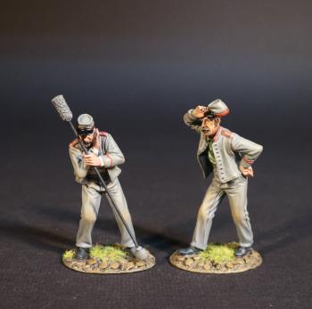 Image of Two Artillery Crewmen, Confederate Artillery, The American Civil War, 1861-1865--two standing figures (swabber/rammer covering ear, wiping away sweat)