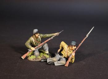 Image of Two Infantrymen, 4th Virginia Regiment, First Brigade, The Army of the Shenandoah, The First Battle of Manassas, 1861, ACW 1861-1865--two figures (kneeling loading (green shirt), leaning on left elbow and reaching for cartridge(tan shirt)) Image of Two Infantrymen, 4th Virginia Regiment, First Brigade, The Army of the Shenandoah, The First Battle of Manassas, 1861, ACW 1861-1865--two figures (kneeling loading (green shirt), leaning on left elbow and reaching for cartridge(tan shirt))