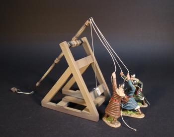 Image of Mongolian “Thunder Crash Bomb” Trebuchet, The Mongol Invasions of Japan, 1274 and 1281--trebuchet and three crew figures (1 each clad in brown, blue, and dark green)