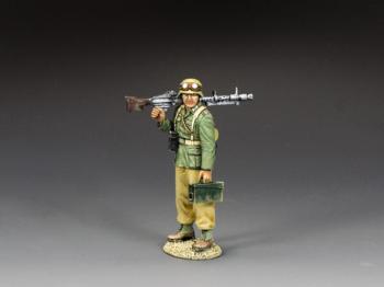 Image of MG34 Machine Gunner--single standing Afrika Korp figure with MG34 over right shoulder and ammo box in left