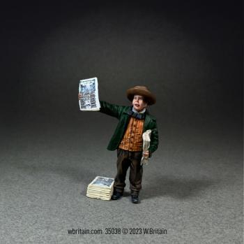 Image of “Read All About It!”--Mid 19th Century Newspaper Boy--single figure with stack of newspapers