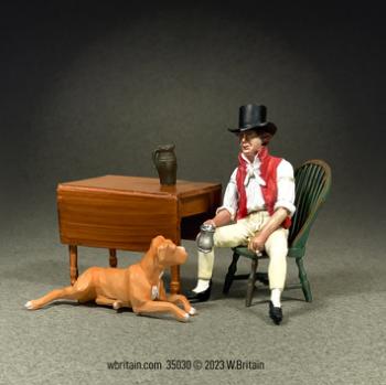 Image of "Young Tom at the Tavern"-- Young Man Contemplating His Future, 1800-20--single seated figure, chair, table, dog, pitcher