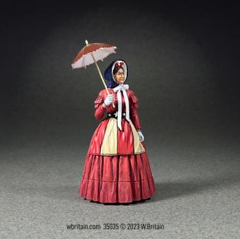 Image of "Miss Patty Dunbar"--Woman with Patriotic Apron and Parasol, 1861-65--single figure with parasol