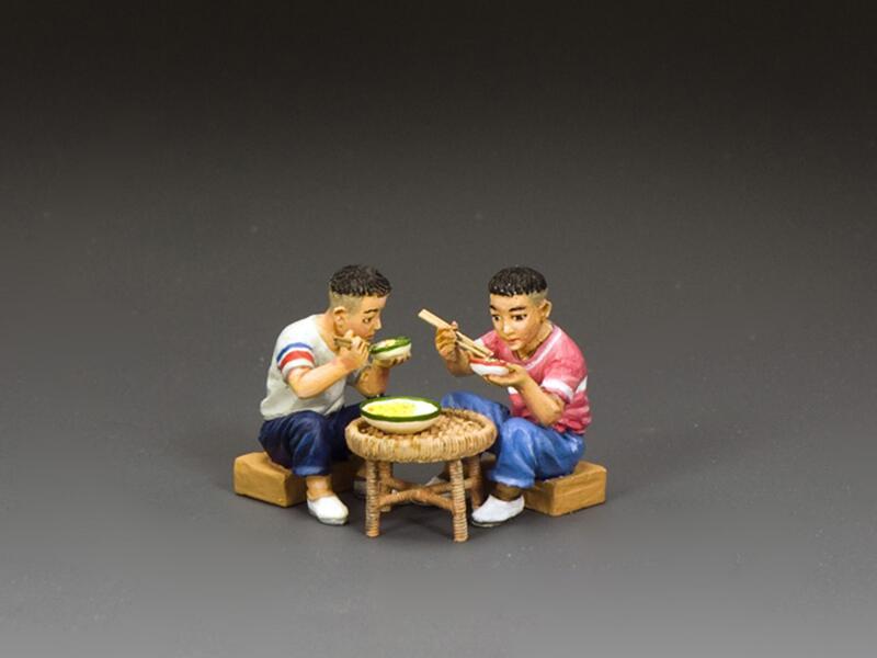 Boys Sitting Eating--two seated 1960s-era figures and table #1