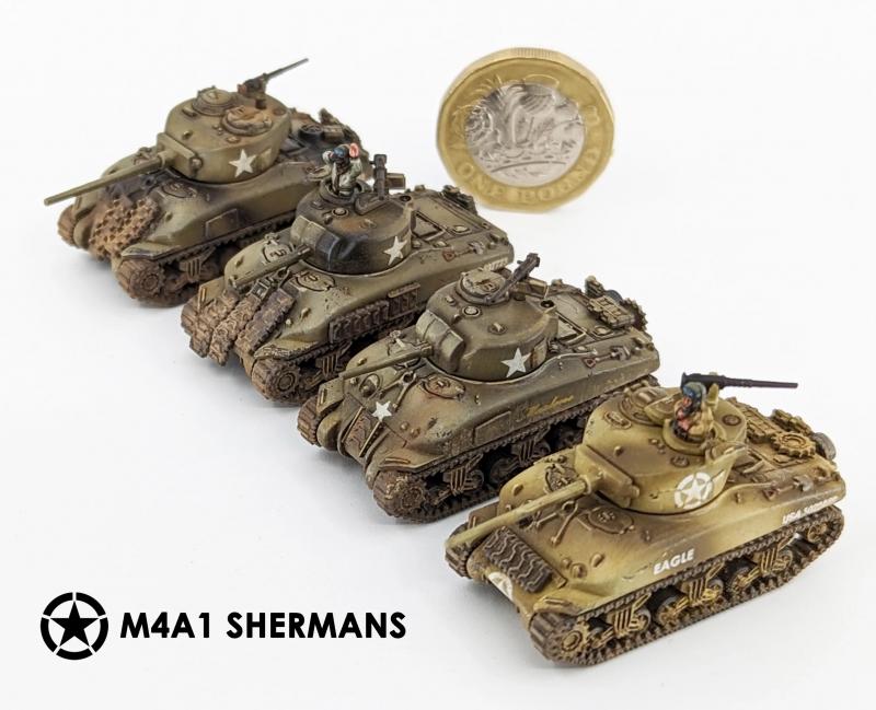 M4A1 Shermans--six 12mm/1:144 M4A1 Shermans (early and late versions) and a decal sheet #4
