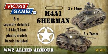 Image of M4A1 Shermans--six 12mm/1:144 M4A1 Shermans (early and late versions) and a decal sheet