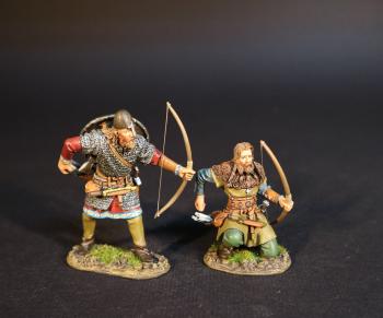 Image of Viking Archers reaching for arrows (standing with red tunic and mail, kneeling in blue tunic and brown tabard), the Vikings, The Age of Arthur--two figures--RETIRED--LAST TWO!!