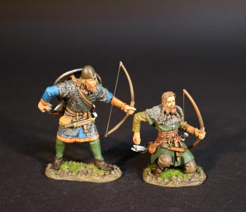 Image of Viking Archers reaching for arrows (standing with blue tunic and mail, kneeling in brown tunic and green tabard), the Vikings, The Age of Arthur--two figures Image of Viking Archers reaching for arrows (standing with blue tunic and mail, kneeling in brown tunic and green tabard), the Vikings, The Age of Arthur--two figures