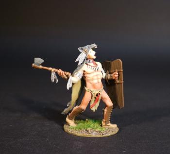 Image of Beothuk Warrior in wolfskin advancing with medium shield and stone axe, Skraelings, The Conquest of America--single figure