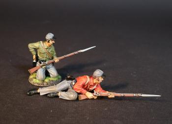Image of Two Infantrymen, 4th Virginia Regiment, First Brigade, The Army of the Shenandoah, The First Battle of Manassas, 1861, ACW 1861-1865--two figures (kneeling loading (green shirt), lying leaning on left elbow and readying to fire (red shirt)) Image of Two Infantrymen, 4th Virginia Regiment, First Brigade, The Army of the Shenandoah, The First Battle of Manassas, 1861, ACW 1861-1865--two figures (kneeling loading (green shirt), lying leaning on left elbow and readying to fire (red shirt))
