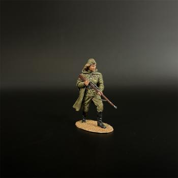 Image of Red Army Woman Sniper Wearing a Cloak--single figure striding forward