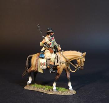 Image of William Henry Ashley, The Rendezvous, The Mountain Men, The Fur Trade--single mounted figure leading mule with whisky barrels Image of William Henry Ashley, The Rendezvous, The Mountain Men, The Fur Trade--single mounted figure leading mule with whisky barrels