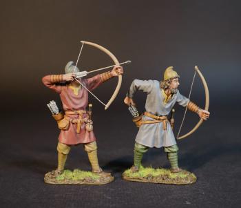 Image of Two Saxon Archers (ready to loose (red tunic), leaning reaching for arrow (blue tunic)), Angla Saxon/Danes, The Age of Arthur--two figures Image of Two Saxon Archers (ready to loose (red tunic), leaning reaching for arrow (blue tunic)), Angla Saxon/Danes, The Age of Arthur--two figures