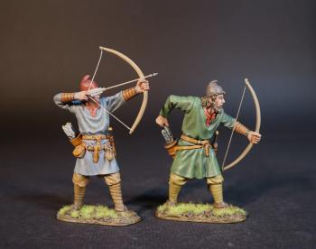 Image of Two Saxon Archers (ready to loose (blue tunic), leaning reaching for arrow (green tunic)), Angla Saxon/Danes, The Age of Arthur--two figures