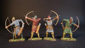Image of Four Saxon Archers (2 ready to loose, 2 leaning reaching for arrow), Angla Saxon/Danes, The Age of Arthur--four figures
