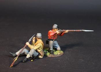 Image of Two Infantrymen (kneeling firing (red shirt), sitting ramming (yellow shirt)), 4th Virginia Regiment, First Brigade, The Army of the Shenandoah, The First Battle of Manassas, 1861, ACW 1861-1865--two figures Image of Two Infantrymen (kneeling firing (red shirt), sitting ramming (yellow shirt)), 4th Virginia Regiment, First Brigade, The Army of the Shenandoah, The First Battle of Manassas, 1861, ACW 1861-1865--two figures