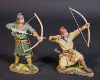 Image of Two Saxon Archers (standing ready to loose (green tunic), kneeling having loosed (tan tunic)), Angla Saxon/Danes, The Age of Arthur--two figures Image of Two Saxon Archers (standing ready to loose (green tunic), kneeling having loosed (tan tunic)), Angla Saxon/Danes, The Age of Arthur--two figures