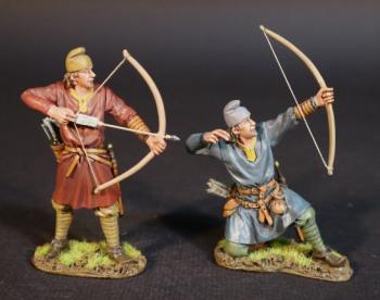 Image of Two Saxon Archers (standing ready to loose (red tunic), kneeling having loosed (blue tunic)), Angla Saxon/Danes, The Age of Arthur--two figures Image of Two Saxon Archers (standing ready to loose (red tunic), kneeling having loosed (blue tunic)), Angla Saxon/Danes, The Age of Arthur--two figures
