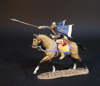 Image of Thessalian Cavalry, Armies and Enemies of Ancient Greece and Macedonia--single mounted figure with spear thrust forward and blue and white cloak flapping behind Image of Thessalian Cavalry, Armies and Enemies of Ancient Greece and Macedonia--single mounted figure with spear thrust forward and blue and white cloak flapping behind
