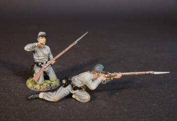 Image of Two Infantrymen (kneeling biting cartridge (grey shirt), kneeling prone firing (grey shirt)), 4th Virginia Regiment, First Brigade, The Army of the Shenandoah, The First Battle of Manassas, 1861, ACW 1861-1865--two figures Image of Two Infantrymen (kneeling biting cartridge (grey shirt), kneeling prone firing (grey shirt)), 4th Virginia Regiment, First Brigade, The Army of the Shenandoah, The First Battle of Manassas, 1861, ACW 1861-1865--two figures