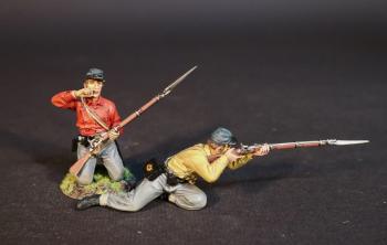 Image of Two Infantrymen (kneeling biting cartridge (red shirt), kneeling prone firing (yellow shirt)), 4th Virginia Regiment, First Brigade, The Army of the Shenandoah, The First Battle of Manassas, 1861, ACW 1861-1865--two figures Image of Two Infantrymen (kneeling biting cartridge (red shirt), kneeling prone firing (yellow shirt)), 4th Virginia Regiment, First Brigade, The Army of the Shenandoah, The First Battle of Manassas, 1861, ACW 1861-1865--two figures