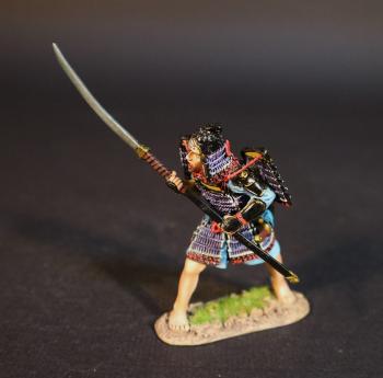 Image of Samurai Retainer (purple armor & helmet, blue tunic, naganata pointed forward and up), Minamoto Clan, The Gempei War, 1180-1185--single figure Image of Samurai Retainer (purple armor & helmet, blue tunic, naganata pointed forward and up), Minamoto Clan, The Gempei War, 1180-1185--single figure
