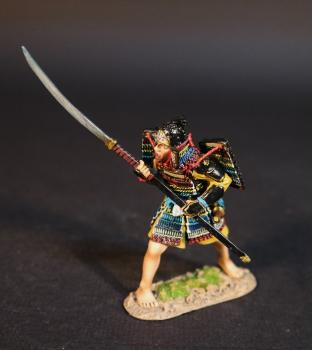 Image of Samurai Retainer (blue and red armor & helmet, yellow tunic, naganata pointed forward and up), Minamoto Clan, The Gempei War, 1180-1185--single figure Image of Samurai Retainer (blue and red armor & helmet, yellow tunic, naganata pointed forward and up), Minamoto Clan, The Gempei War, 1180-1185--single figure