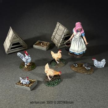 Image of "Here, Chick, Chick, Chick", Amy Feeding Chickens, with Chicken Shelters, 1855-68--single figure, two shelters, five chickens, and accessories