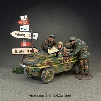 Image of "Kaiserbaracke Crossroads", Type 166 Schwimmwagen, 1st SS, Ardennes, 1944-45--vehicle, three figures, sign, accessories