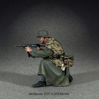 Image of German Grenadier Kneeling Firing MP40 in Zeltbahn and Greatcoat, Winter 1944-45--single kneeling figure