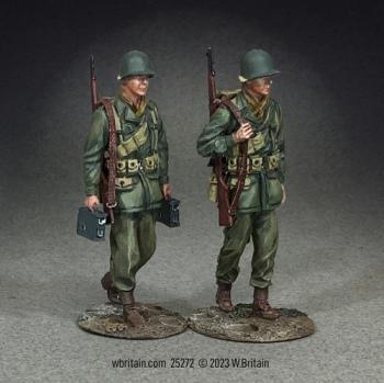 Image of "Slogging Along", Two U.S. Infantrymen Marching, 1943-45--two figures, one with two ammo boxes