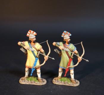 Image of Two Trojan Archers with readied arrows pointed forward and down (yellow tunic, green tunic), Troy and Her Allies, The Trojan War--two figures Image of Two Trojan Archers with readied arrows pointed forward and down (yellow tunic, green tunic), Troy and Her Allies, The Trojan War--two figures