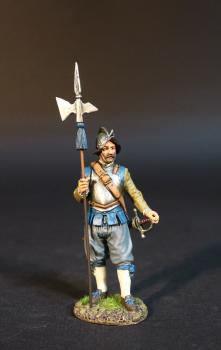 Image of Virginia Militiaman with upright halberd, The Jamestown Settlement, The Anglo-Powhatan Wars, The Conquest of America--single figure Image of Virginia Militiaman with upright halberd, The Jamestown Settlement, The Anglo-Powhatan Wars, The Conquest of America--single figure